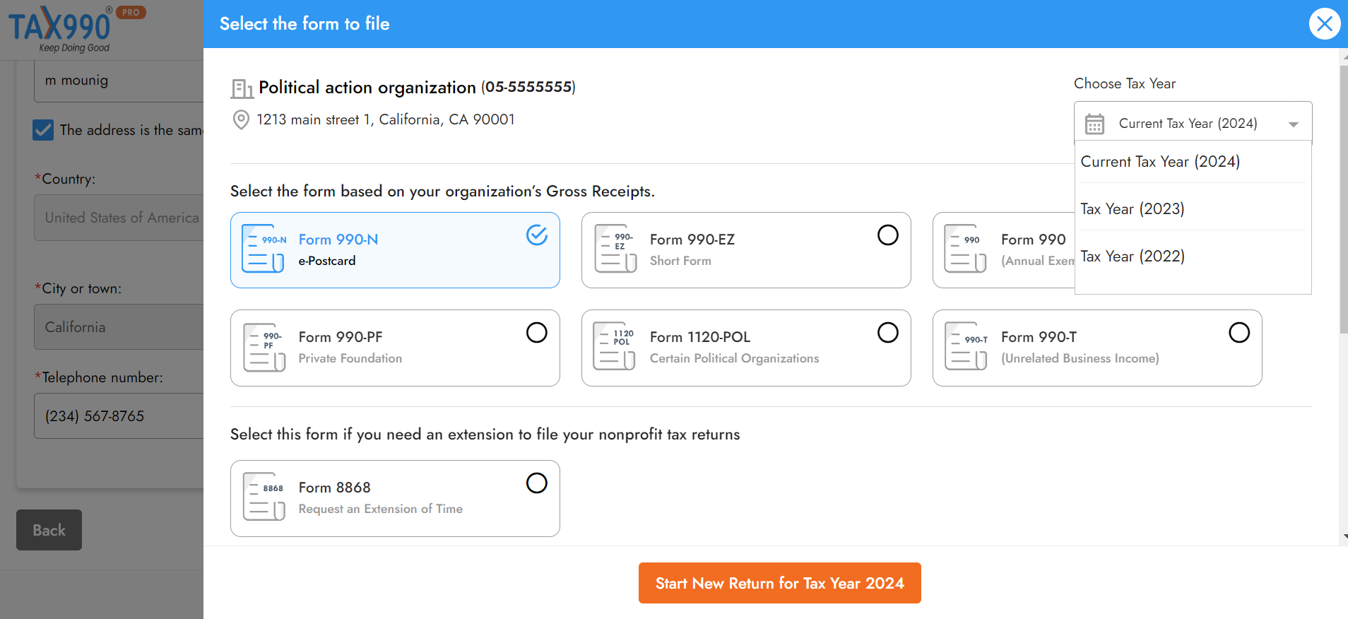 Choose Tax Year and Form