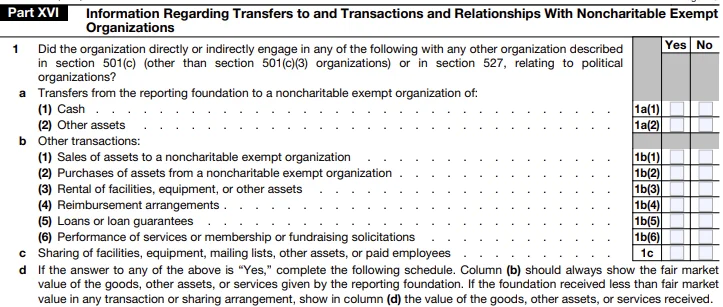 Part XVI - Information Regarding Transfers to and Transactions and Relationships With Noncharitable Exempt Organizations