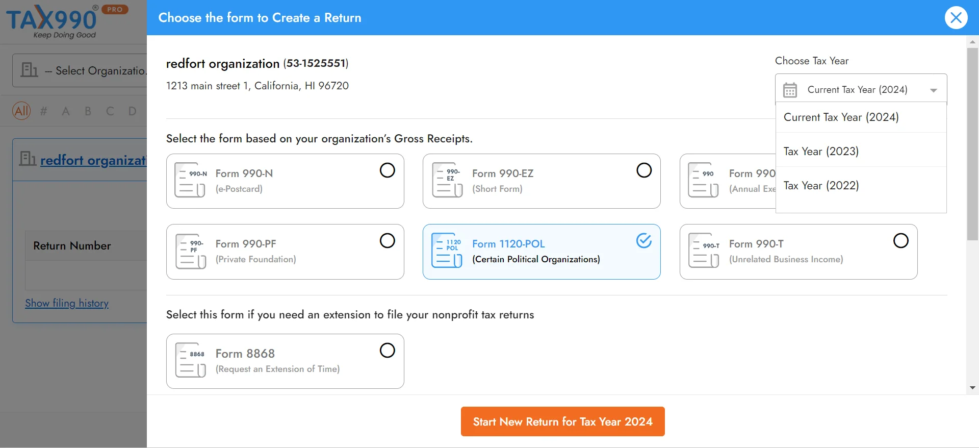 Choose Tax Year and Form