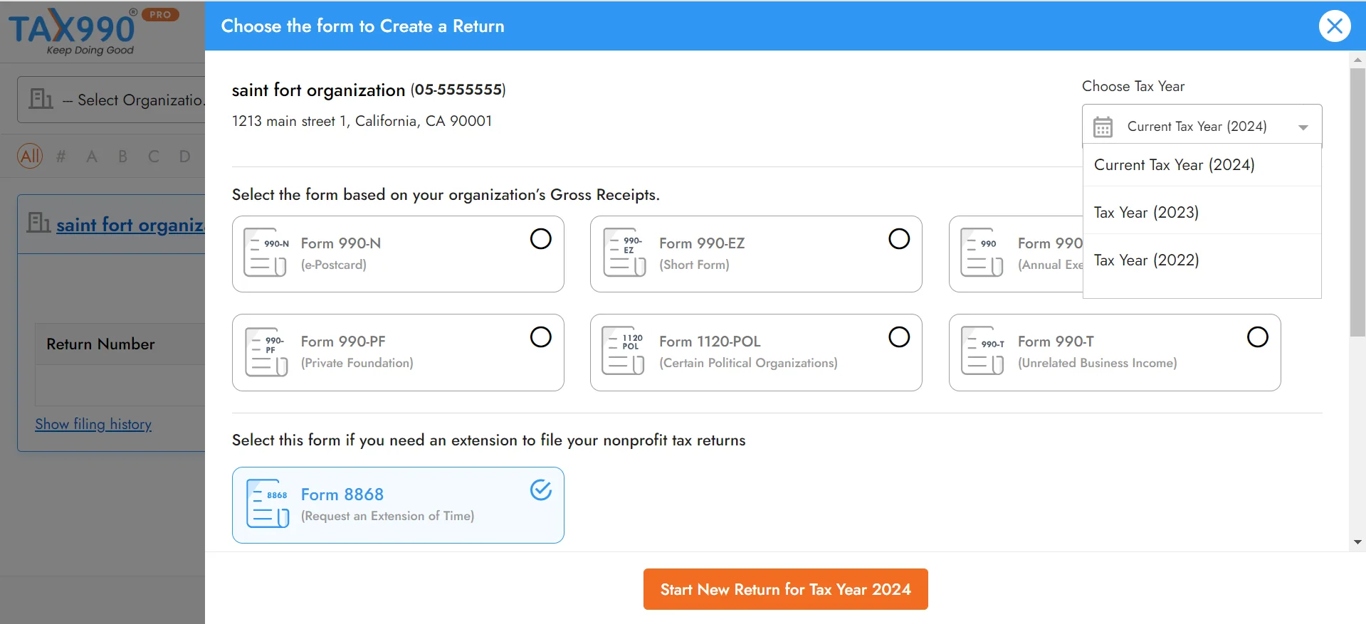 Choose Tax Year and Form