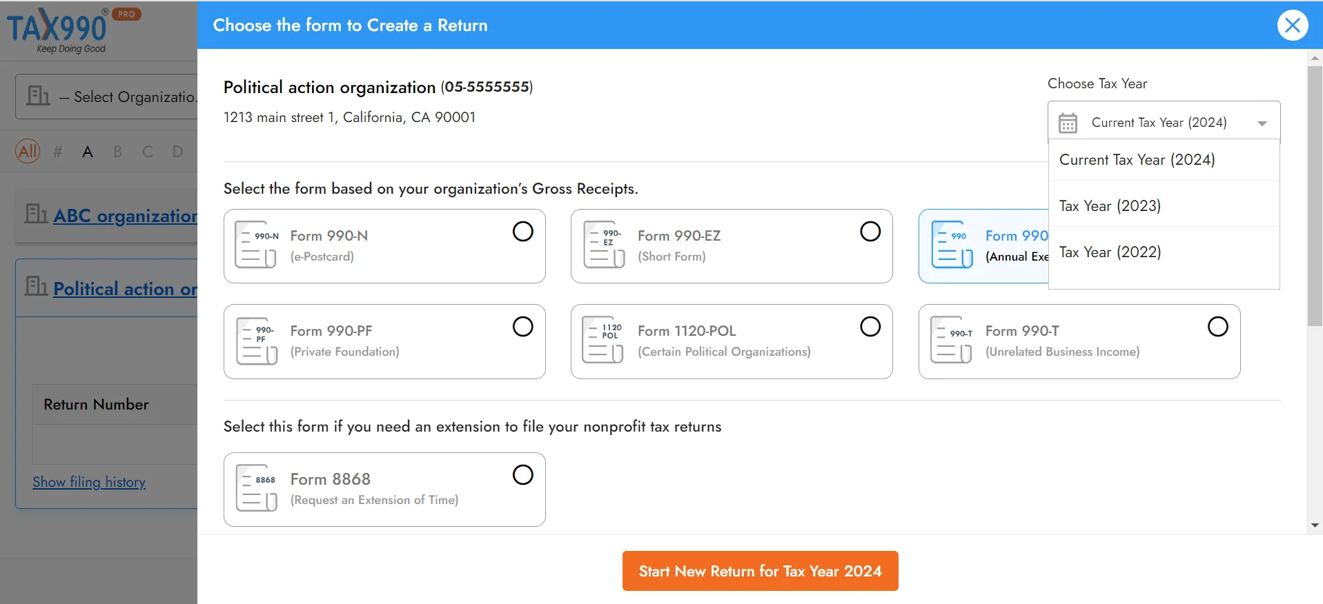 Choose Tax Year and Form