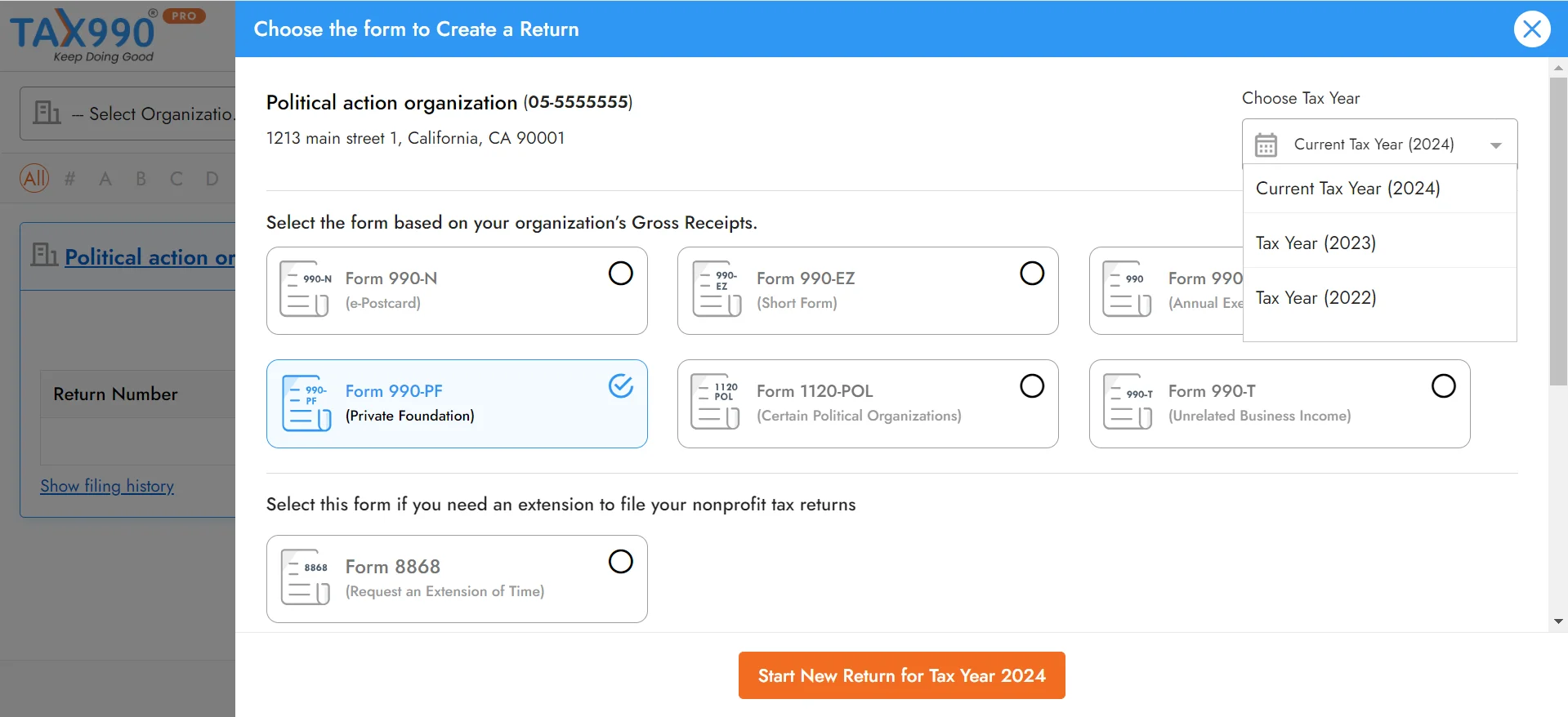 Choose Tax Year and Form