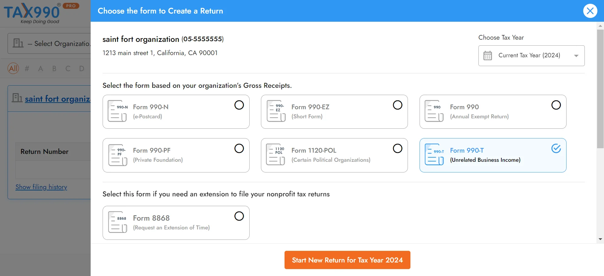 Choose Tax Year and Form